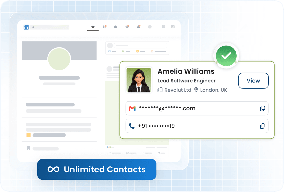 The Unifers card over a LinkedIn profile, revealing the contact's verified work email and direct phone number.